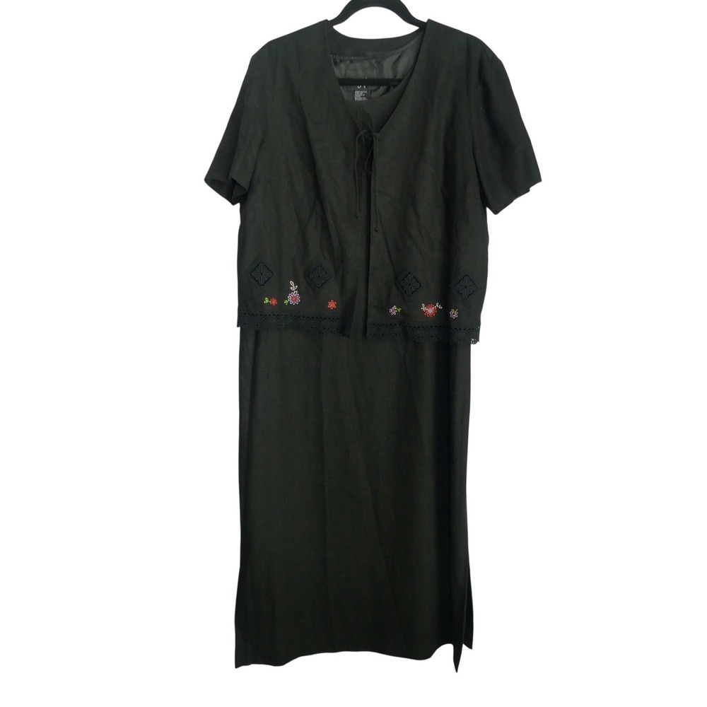 Positive Attitude Womens 12 Black Linen Embroidered 2 Piece Dress Floral Eyelet